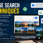 Image Search Techniques concept showing a magnifying glass over digital photos, visual search icons, image recognition technology, and online image discovery tools.