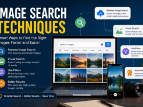 Image Search Techniques concept showing a magnifying glass over digital photos, visual search icons, image recognition technology, and online image discovery tools.