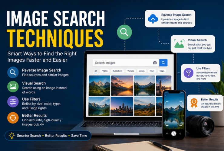Image Search Techniques concept showing a magnifying glass over digital photos, visual search icons, image recognition technology, and online image discovery tools.