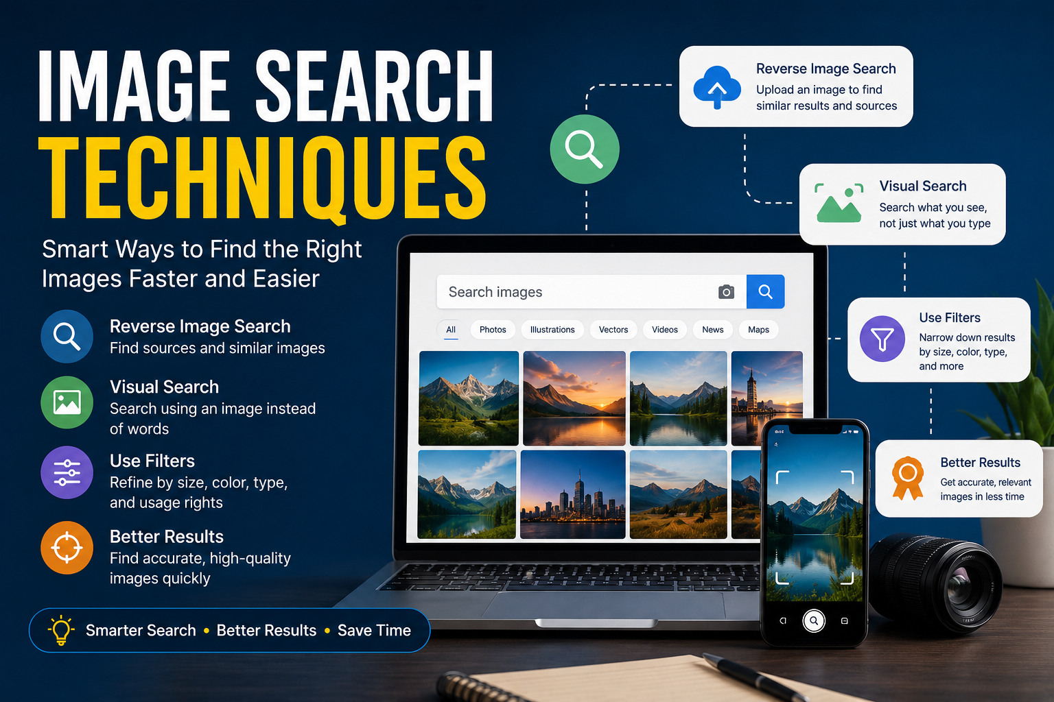 Image Search Techniques concept showing a magnifying glass over digital photos, visual search icons, image recognition technology, and online image discovery tools.