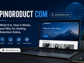 Pinoroduct com featured image showing a modern website interface on a laptop with digital technology elements and the keyword "Pinoroduct Com" prominently displayed.