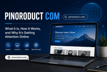 Pinoroduct com featured image showing a modern website interface on a laptop with digital technology elements and the keyword "Pinoroduct Com" prominently displayed.