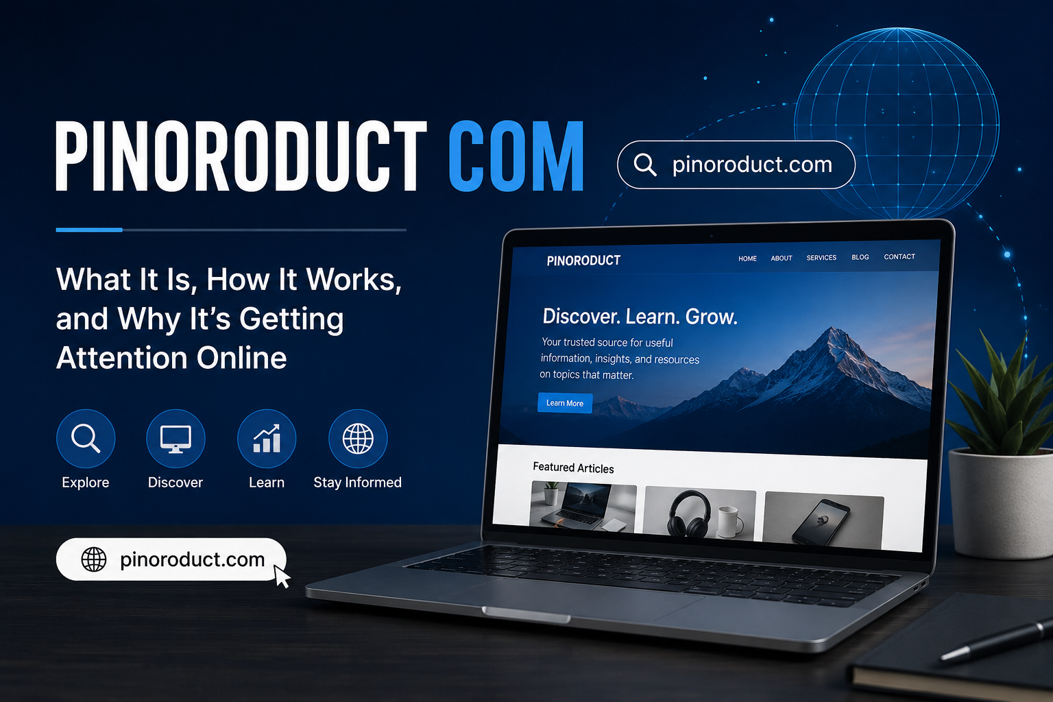 Pinoroduct com featured image showing a modern website interface on a laptop with digital technology elements and the keyword "Pinoroduct Com" prominently displayed.