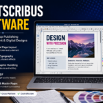 Shotscribus Software featured image showing a modern desktop publishing workspace with a computer displaying page layout tools, typography controls, document editing elements, and the title "Shotscribus Software" in a clean blue and white design.