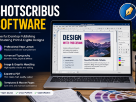 Shotscribus Software featured image showing a modern desktop publishing workspace with a computer displaying page layout tools, typography controls, document editing elements, and the title "Shotscribus Software" in a clean blue and white design.
