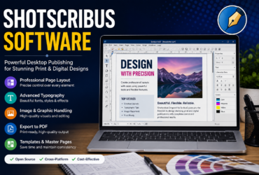 Shotscribus Software featured image showing a modern desktop publishing workspace with a computer displaying page layout tools, typography controls, document editing elements, and the title "Shotscribus Software" in a clean blue and white design.