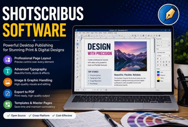 Shotscribus Software featured image showing a modern desktop publishing workspace with a computer displaying page layout tools, typography controls, document editing elements, and the title "Shotscribus Software" in a clean blue and white design.