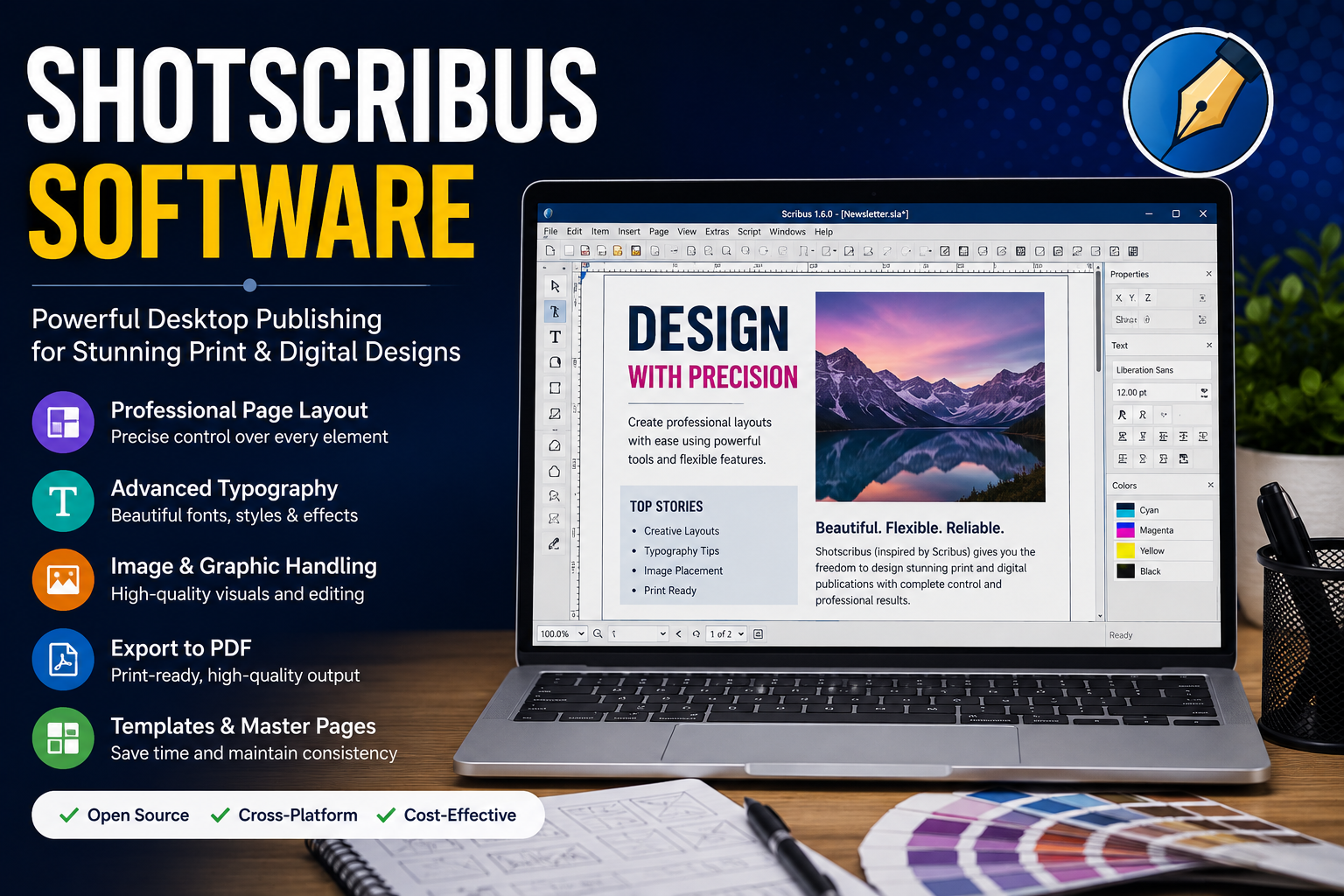 Shotscribus Software featured image showing a modern desktop publishing workspace with a computer displaying page layout tools, typography controls, document editing elements, and the title "Shotscribus Software" in a clean blue and white design.