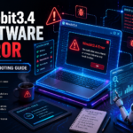 Winobit3.4 Software Error featured image showing a futuristic laptop with a software error dialog, holographic diagnostic panels, bug icons, warning symbols, and an AI assistant analyzing system issues in a cyber-themed workspace.
