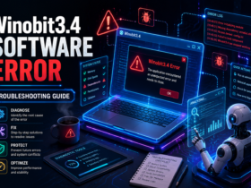 Winobit3.4 Software Error featured image showing a futuristic laptop with a software error dialog, holographic diagnostic panels, bug icons, warning symbols, and an AI assistant analyzing system issues in a cyber-themed workspace.
