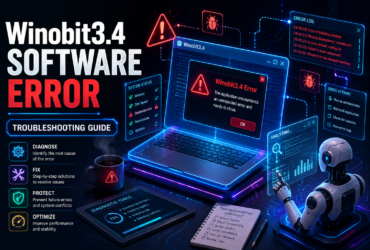 Winobit3.4 Software Error featured image showing a futuristic laptop with a software error dialog, holographic diagnostic panels, bug icons, warning symbols, and an AI assistant analyzing system issues in a cyber-themed workspace.