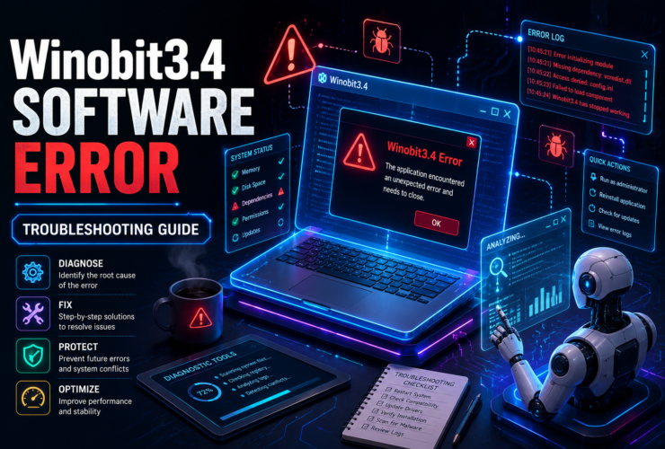 Winobit3.4 Software Error featured image showing a futuristic laptop with a software error dialog, holographic diagnostic panels, bug icons, warning symbols, and an AI assistant analyzing system issues in a cyber-themed workspace.