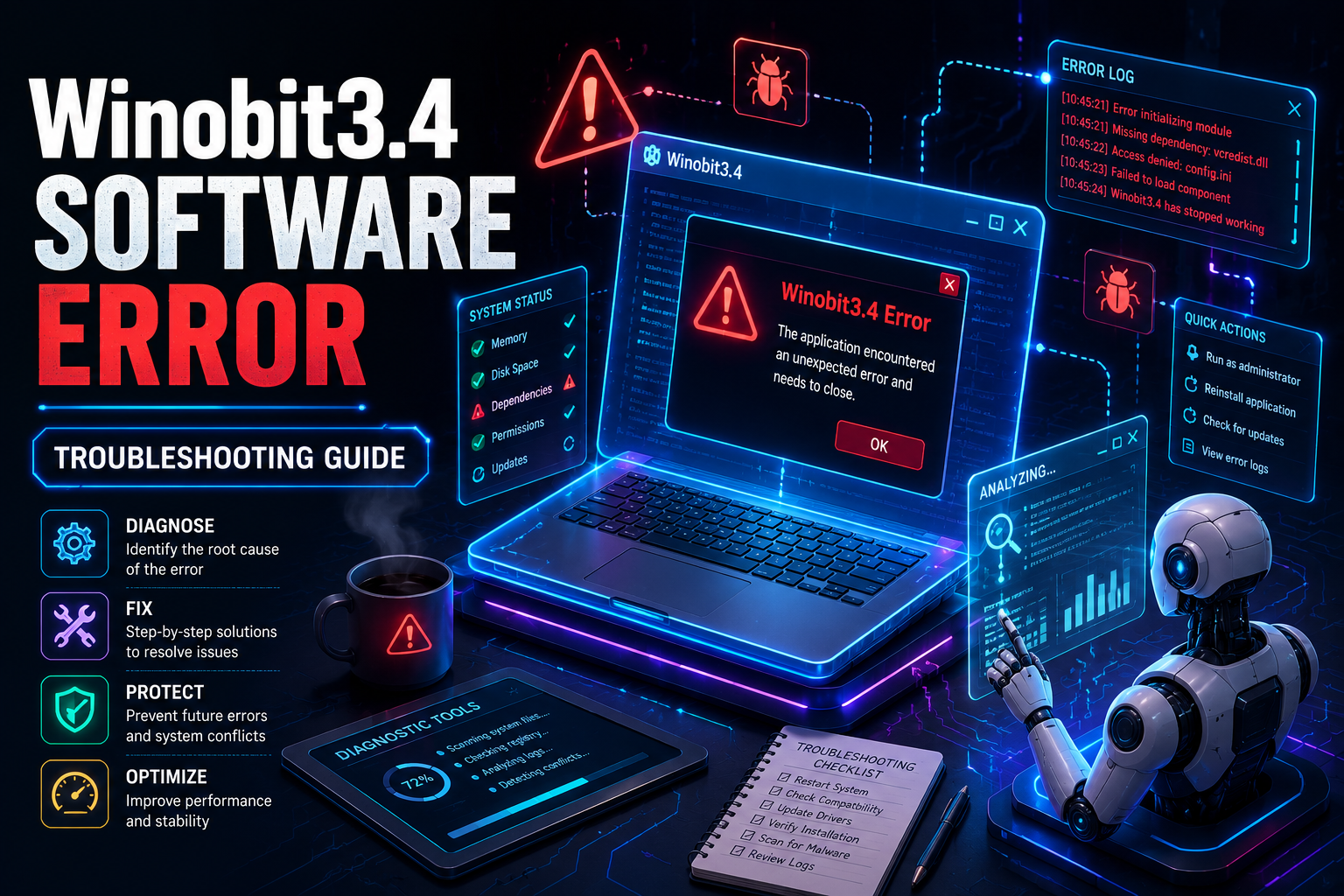 Winobit3.4 Software Error featured image showing a futuristic laptop with a software error dialog, holographic diagnostic panels, bug icons, warning symbols, and an AI assistant analyzing system issues in a cyber-themed workspace.