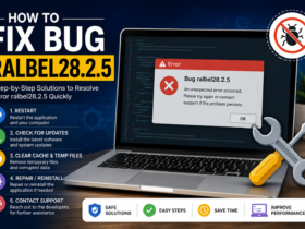 Featured image for "How To Fix Bug ralbel28.2.5" showing a laptop displaying a software error message, troubleshooting icons, repair tools, and the title "How To Fix Bug ralbel28.2.5" on a modern blue technology background.