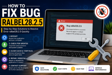 Featured image for "How To Fix Bug ralbel28.2.5" showing a laptop displaying a software error message, troubleshooting icons, repair tools, and the title "How To Fix Bug ralbel28.2.5" on a modern blue technology background.